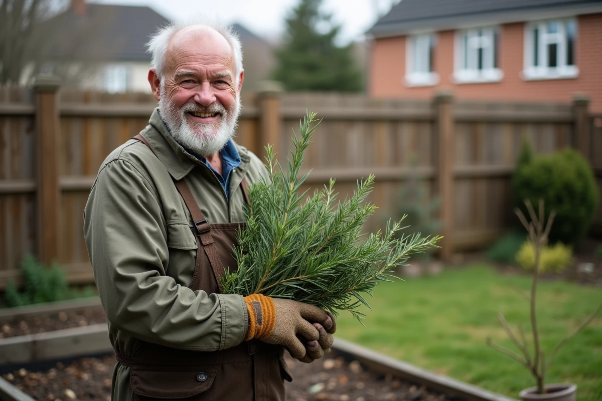 Homme âgé tenant des branches de romarin fraîchement coupées dans le jardin