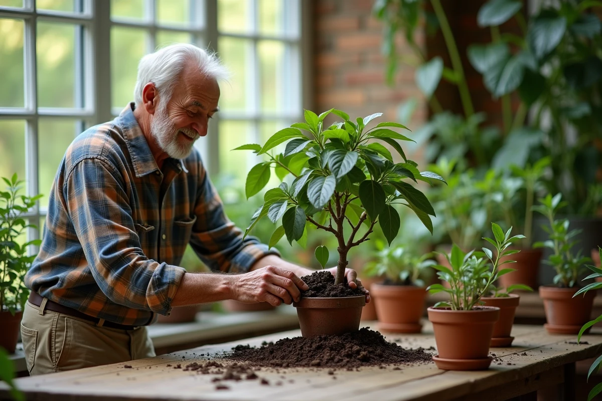 Homme âgé repotant un ficus dans une serre lumineuse