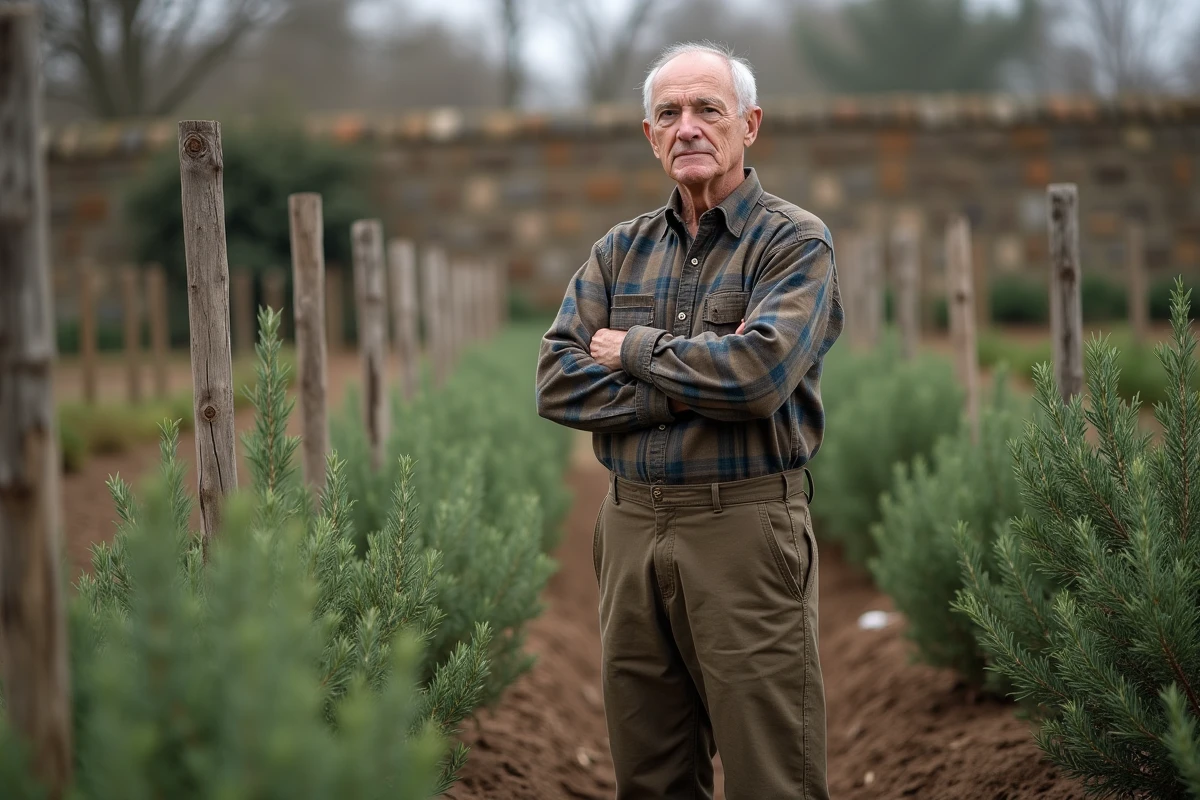 Homme âgé observant des rosiers taillés dans un jardin rural