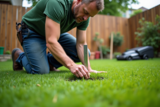 Homme en pantalon de travail et t-shirt vert examine le gazon