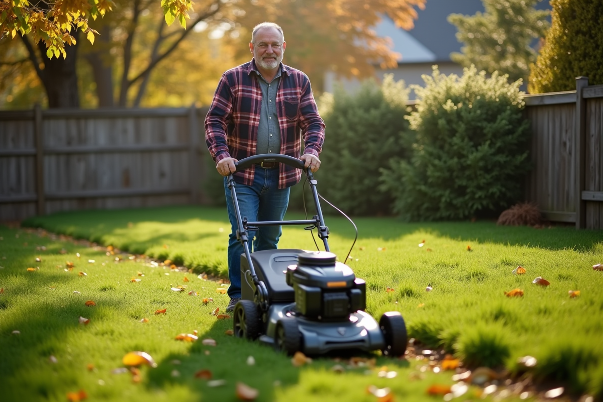 Homme d'âge moyen avec tondeuse dans jardin automnal