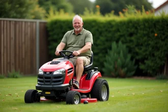 Un homme d'âge mûr assis sur un tracteur tondeuse rouge et noir dans un jardin suburban soigné, illustrant l'achat d'un premier tracteur tondeuse chez Brico Dépôt