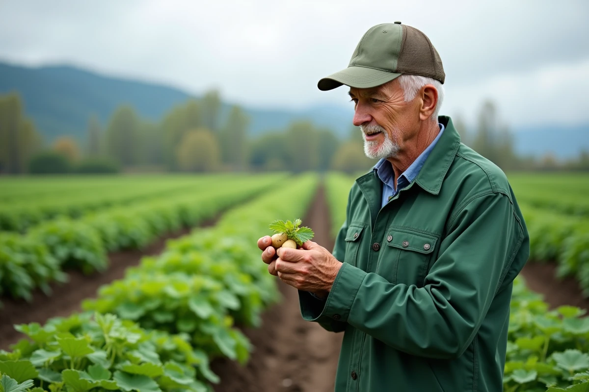 Homme inspectant les plants de pommes de terre en culture bio