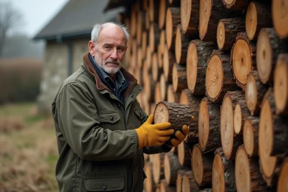 Homme inspectant une bûche de bois de chêne fendu devant un stère de bois empilé en milieu rural automnal