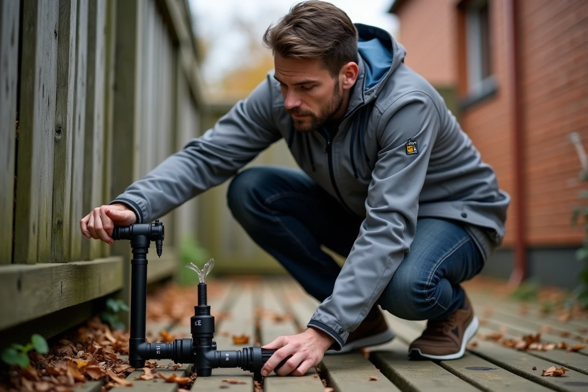 Homme inspectant les connecteurs étanches IP65 de guirlandes solaires extérieures dans un jardin urbain
