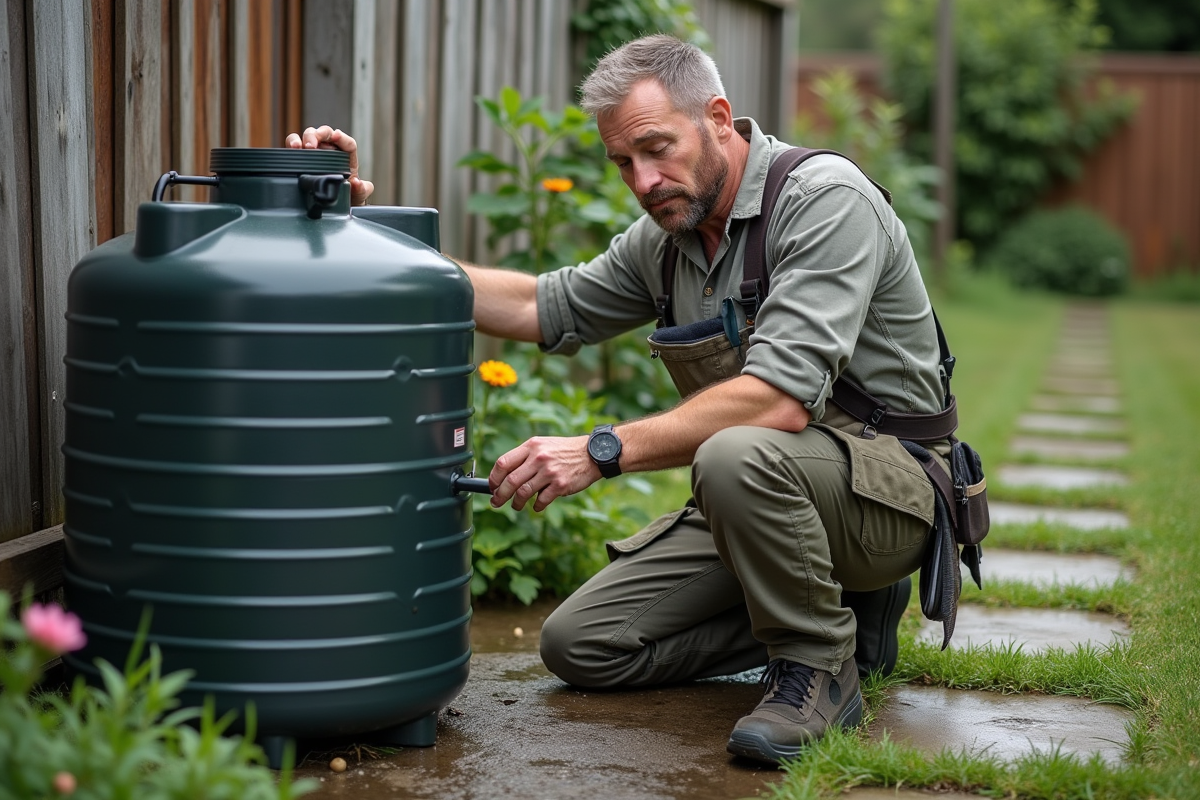 Homme inspectant un réservoir d'eau de pluie dans un jardin