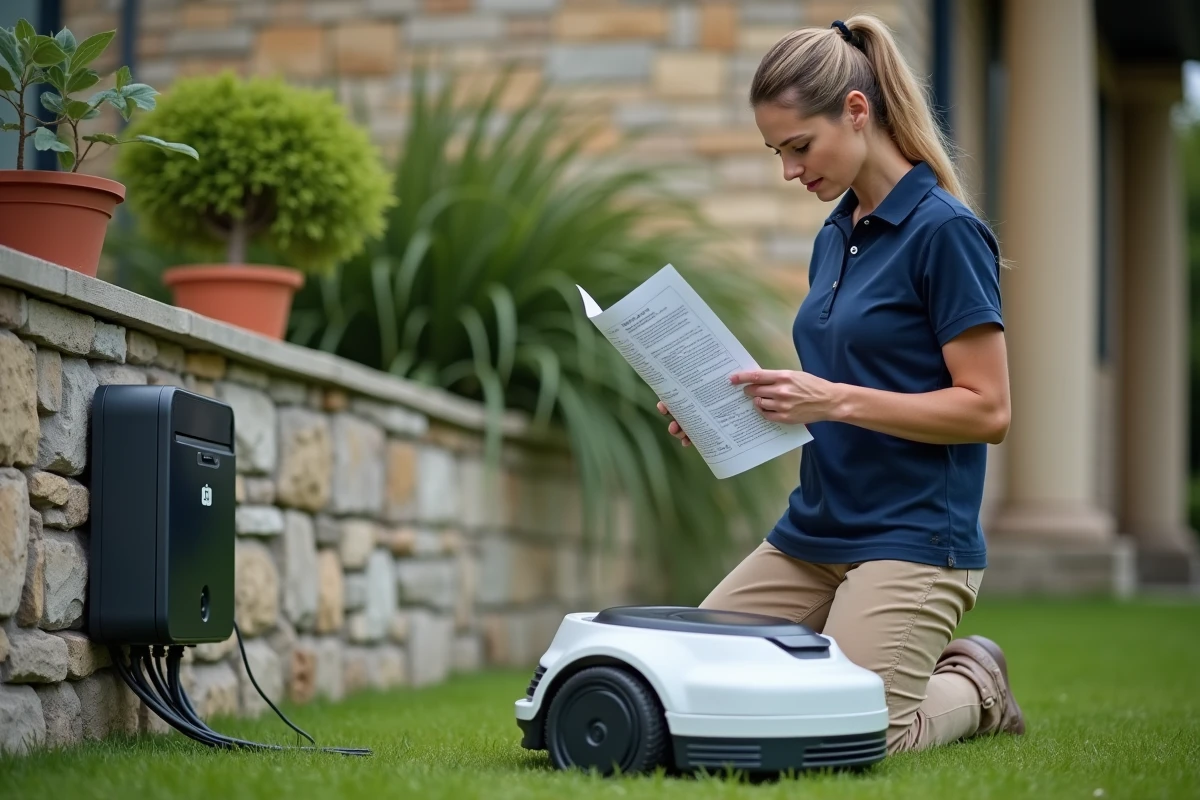 Femme inspectant la station de charge d'un robot tondeuse Kress lors de l'installation dans le jardin