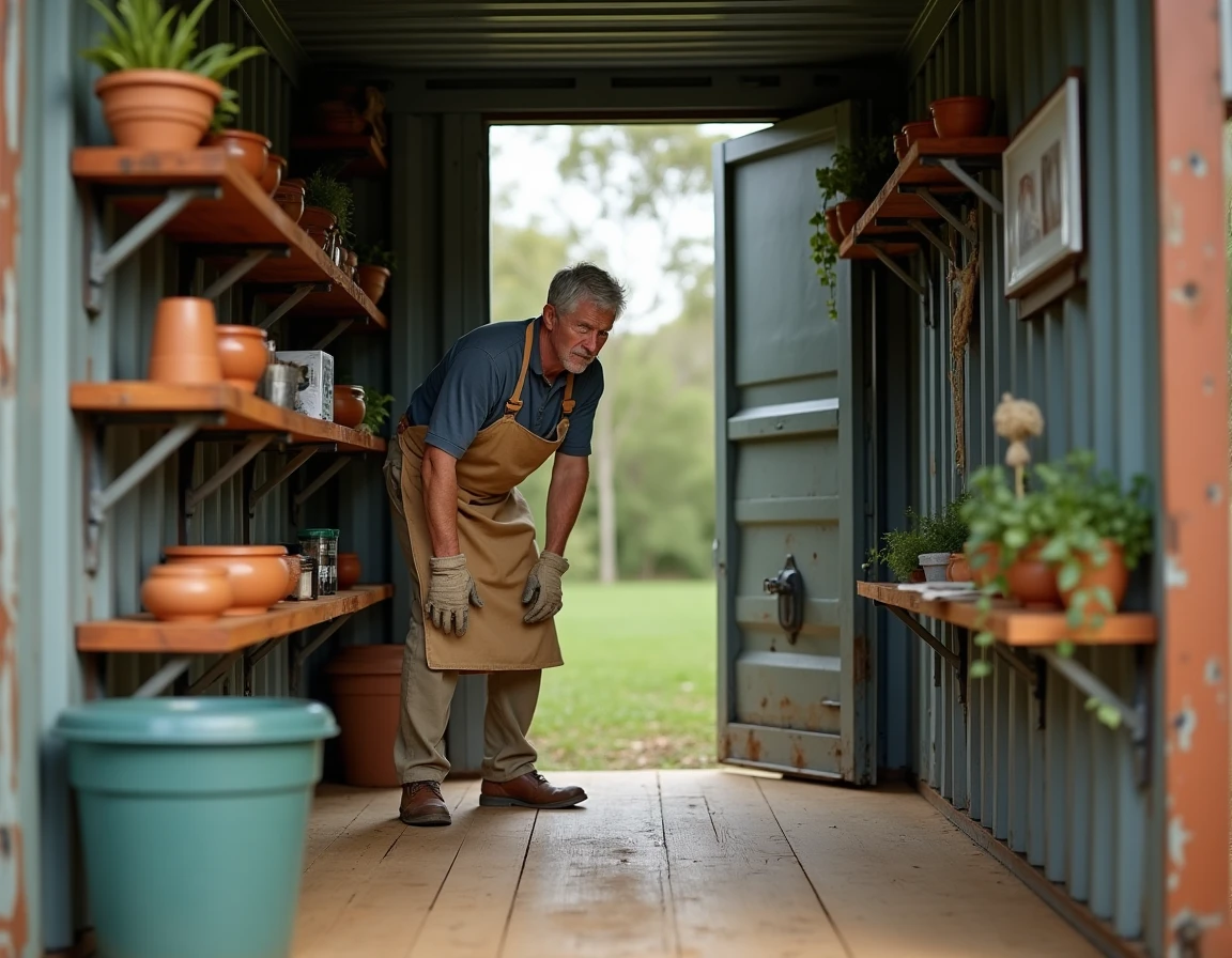 Intérieur aménagé d'un conteneur abri de jardin avec étagères en bois et outils rangés, homme inspectant les aménagements