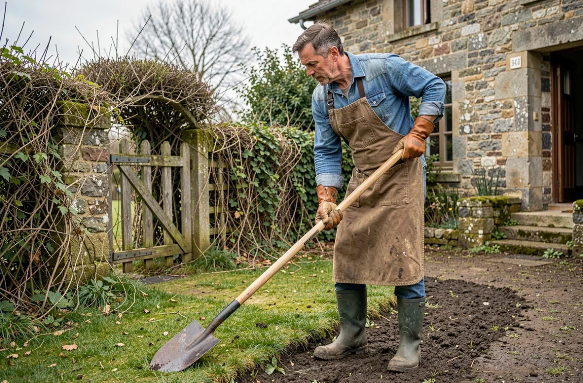 Jardinier de Jardi-bouss bordant une pelouse près d'une maison de campagne en Nouvelle-Aquitaine
