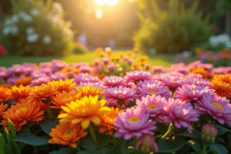 Jardin en forme de U avec fleurs colorées en plein soleil