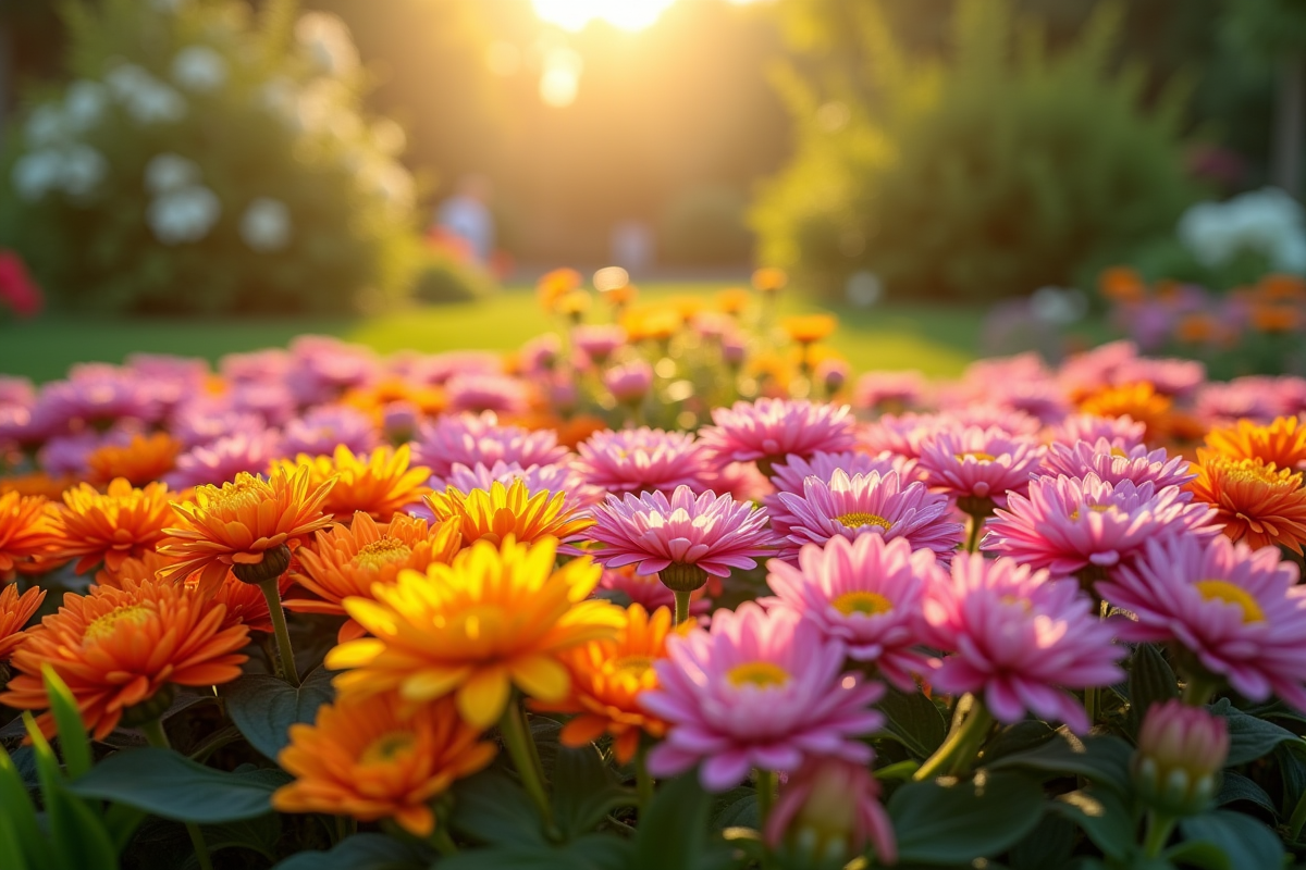Jardin en forme de U avec fleurs colorées en plein soleil