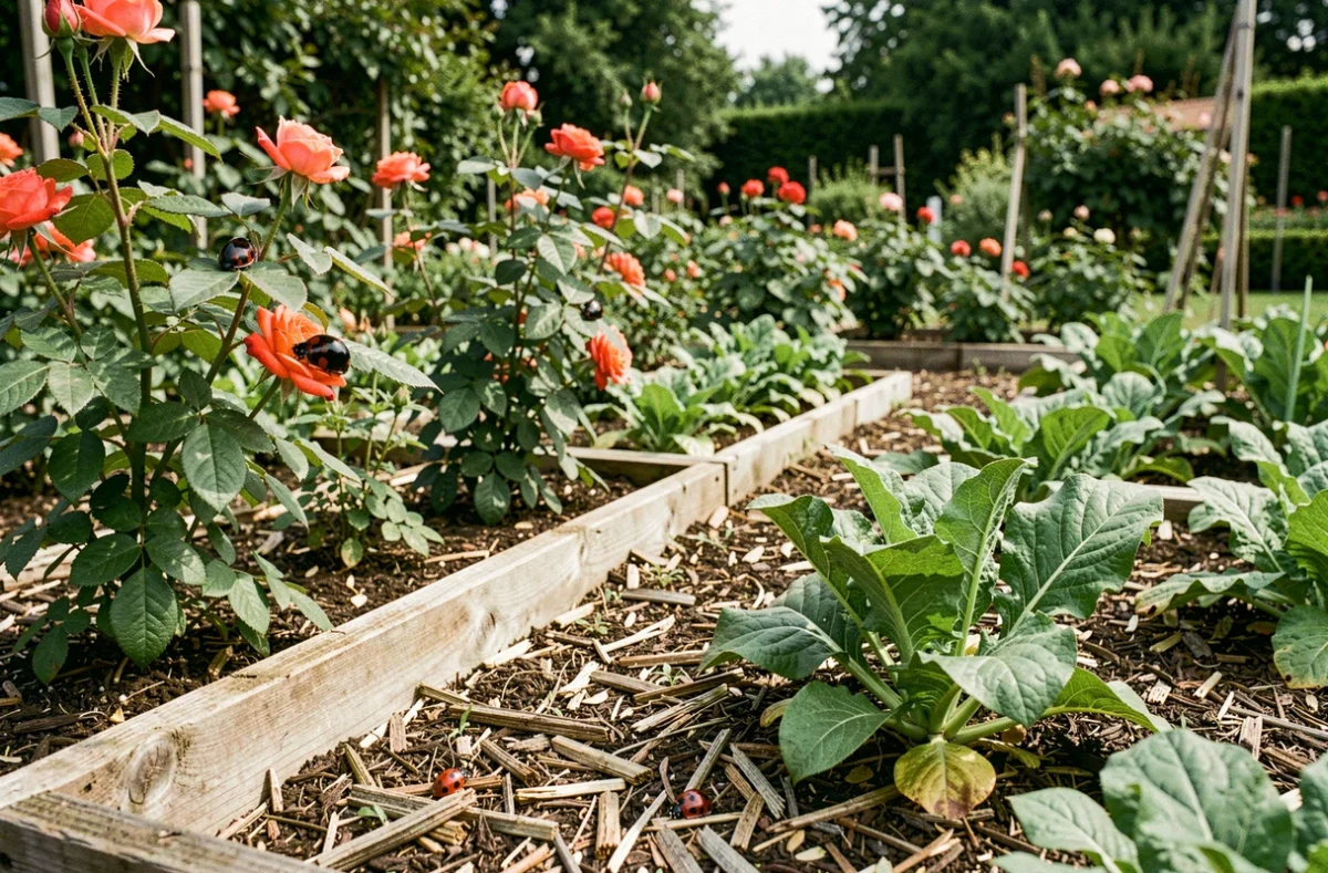Vue large d'un jardin potager avec plusieurs coccinelles noires à points rouges sur des rosiers et des légumes