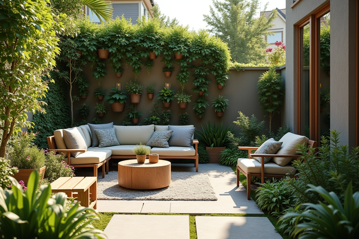 Petit jardin avec espace de relaxation et plantes verticales