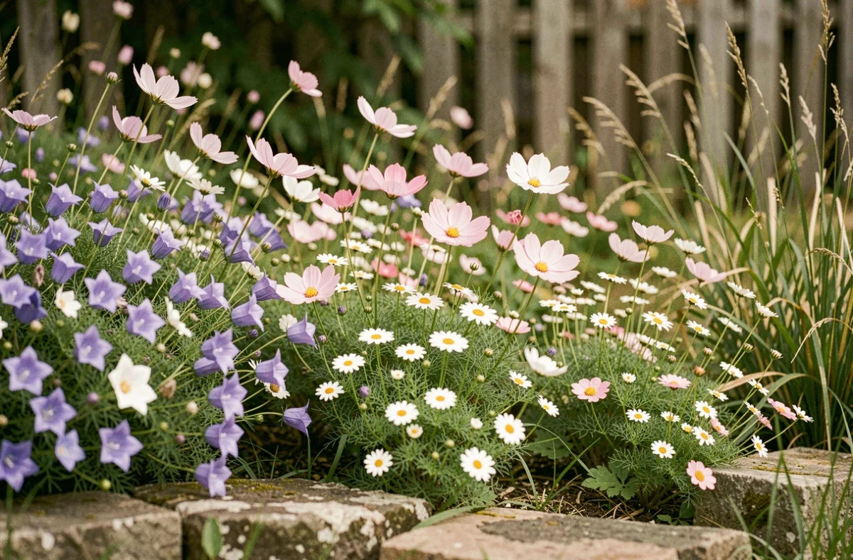 Coin de jardin naturel fleuri avec campanules, marguerites et cosmos attirant les pollinisateurs