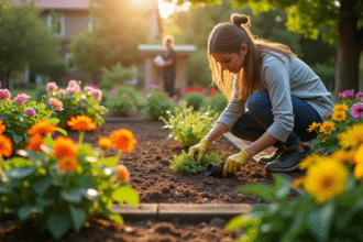 Jardin lumineux avec personne plantant des fleurs en lit surélevé