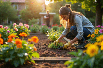 Jardin lumineux avec personne plantant des fleurs en lit surélevé