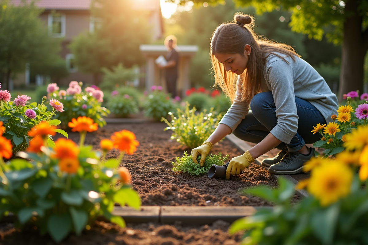 Jardin lumineux avec personne plantant des fleurs en lit surélevé