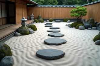 Jardin zen avec gravier blanc ratissé, pas japonais en pierre sombre et rochers moussus dans un espace extérieur serein
