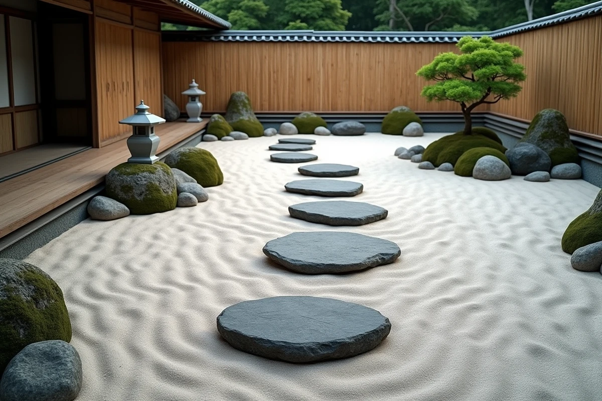 Jardin zen avec gravier blanc ratissé, pas japonais en pierre sombre et rochers moussus dans un espace extérieur serein