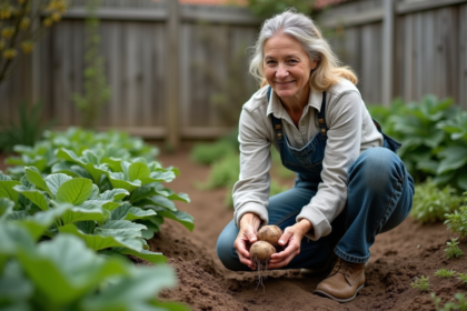 Femme en jardinage inspectant des tubers de dahlias dans un jardin