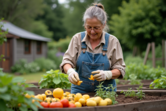 Femme jardinant avec gants et salopette en denim dans un jardin