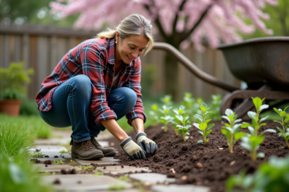 Femme jardiniere plantant des jeunes pousses dans un jardin
