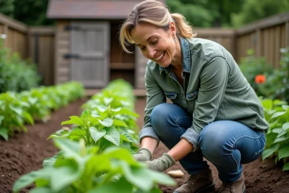Femme en jardinage arrosant des haricots verts dans son jardin