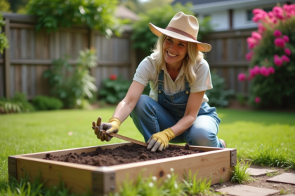 Femme en jardinage avec un lit de jardinage en arrière-plan