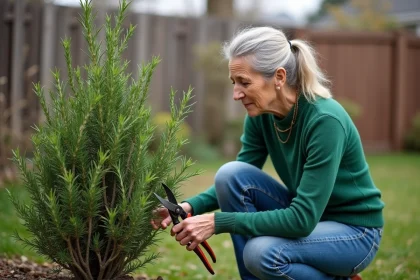 Femme méditative en jardinage près d'un buisson de romarin taillé