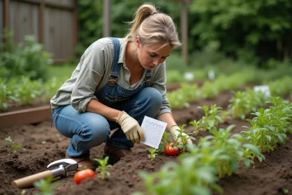 Femme en jardinage avec plants de tomates et plan de espacements