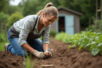 Femme plantant des jeunes tomates dans un jardin