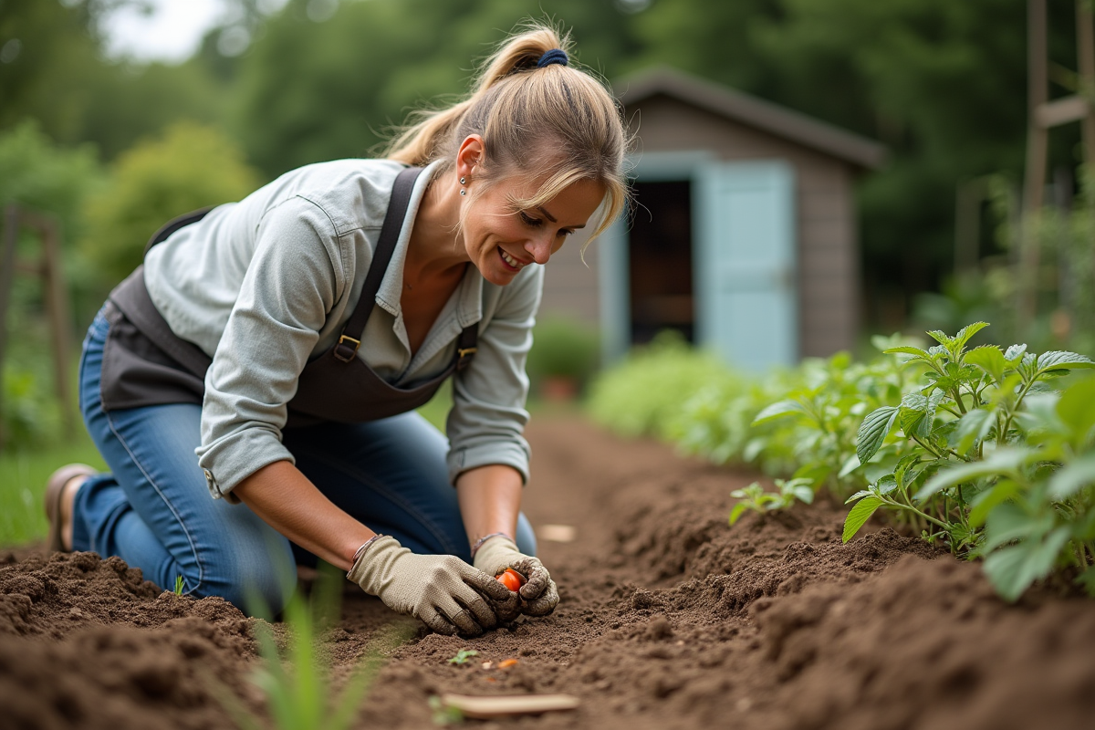 Femme plantant des jeunes tomates dans un jardin