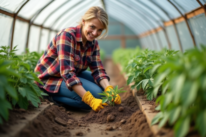 Femme transplantant des jeunes plants de tomates dans une serre