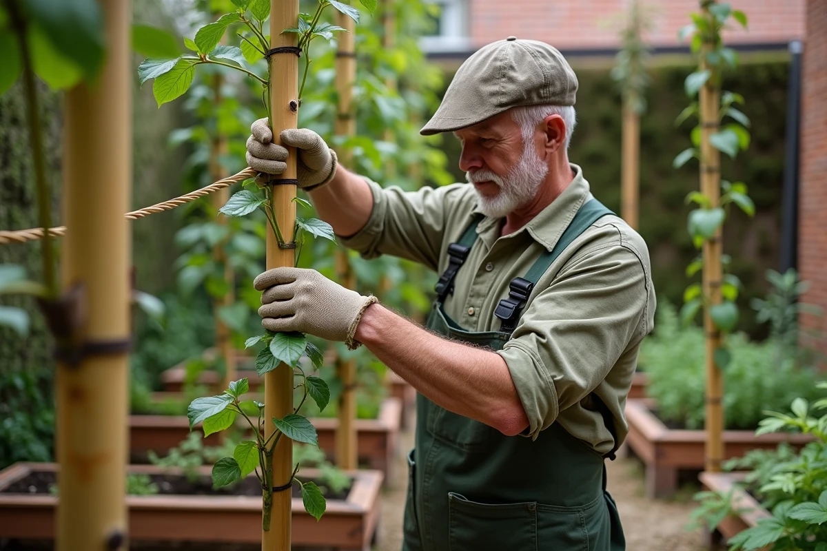 Jardinier attachant une christophine grimpante à une structure de bambous verticale dans un potager urbain