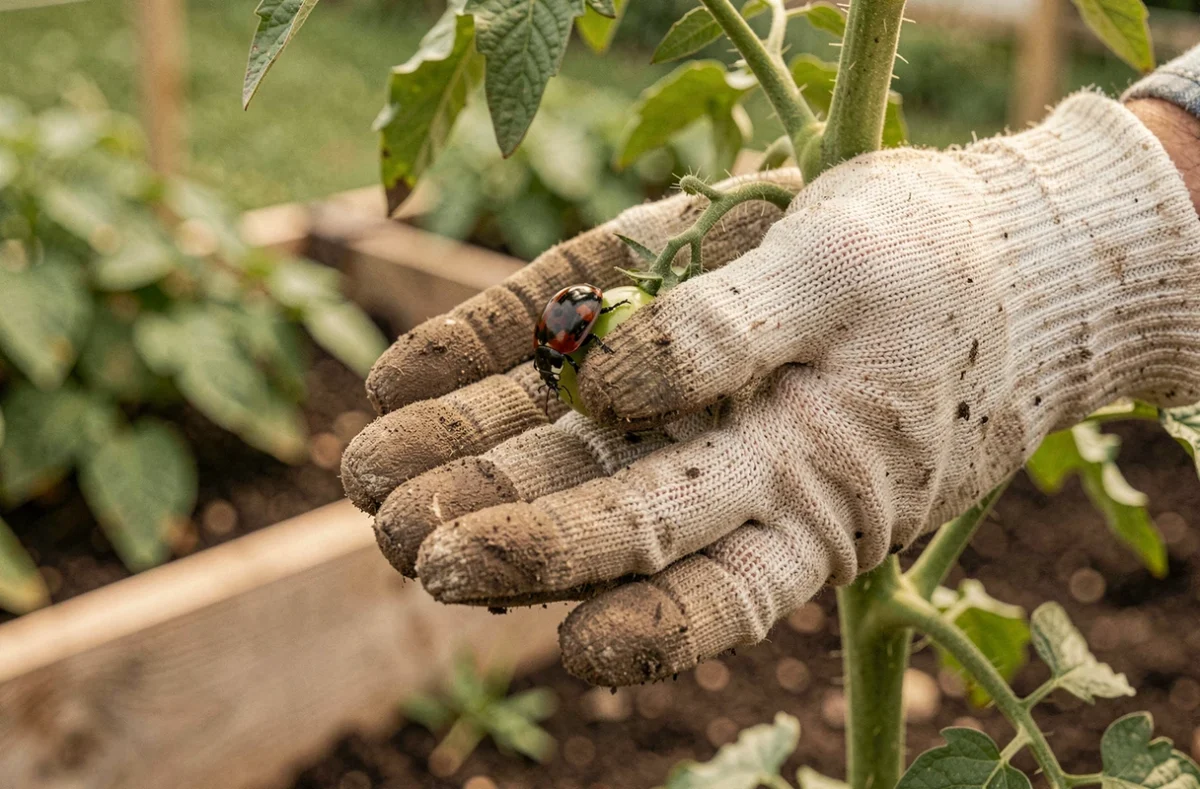 Main gantée d'un jardinier s'approchant d'une coccinelle noire à points rouges sur une tige de tomate au potager