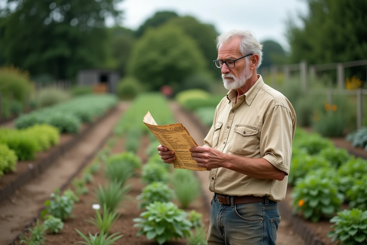 Jardinier expérimenté consultant un plan d'associations de légumes dans un grand potager bien organisé