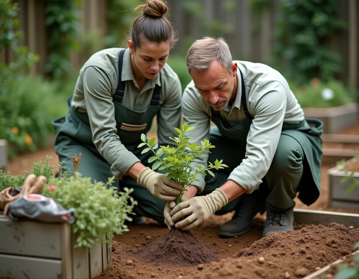 Jardinier plantant un oranger du Mexique dans un carré de jardin surélevé avec drainage adapté