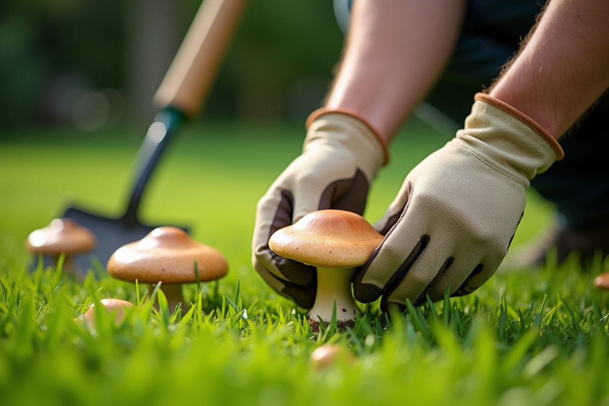 Jardinier en gants retire des champignons dans la pelouse