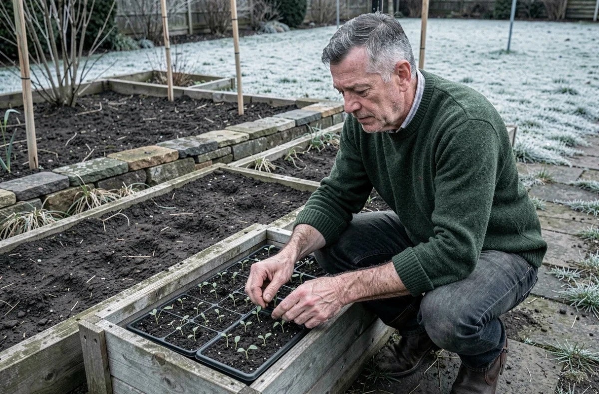 Jardinier examinant les premiers semis de tomates anciennes dans un châssis de jardin potager en fin d'hiver