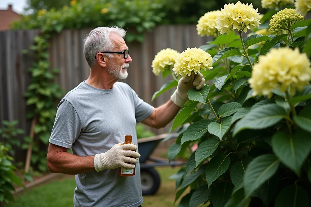 Jardinier inspectant un hortensia aux feuilles jaunes et appliquant un traitement fertilisant dans un jardin résidentiel