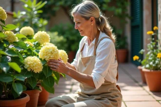 Jardinière examinant les feuilles jaunissantes d'un hortensia en pot sur une terrasse extérieure