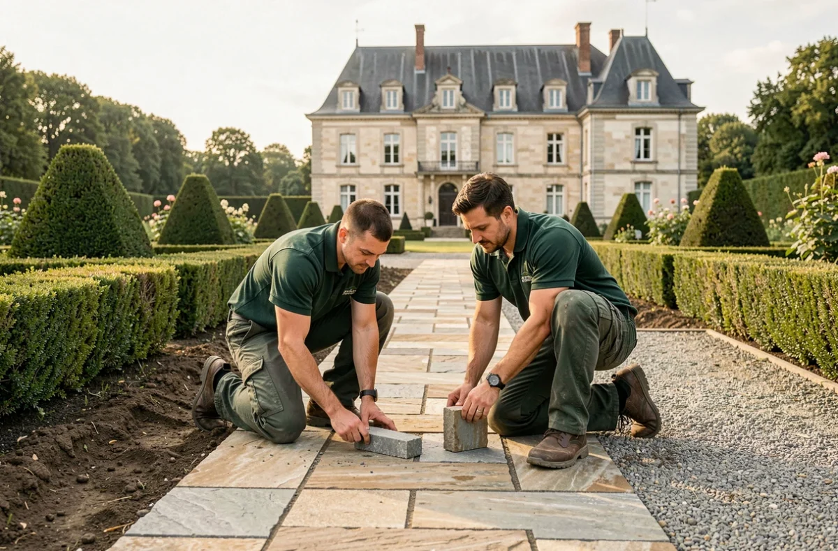 Équipe des Jardins de Guyenne posant des pavés naturels dans un jardin formel en Gironde