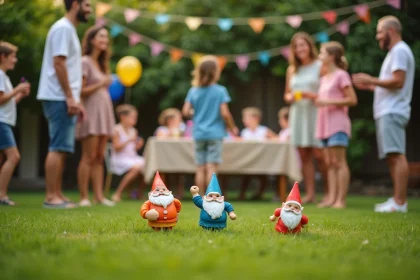 Groupe d'adultes jouant au jeu du nain de jardin lors d'une animation d'anniversaire en plein air