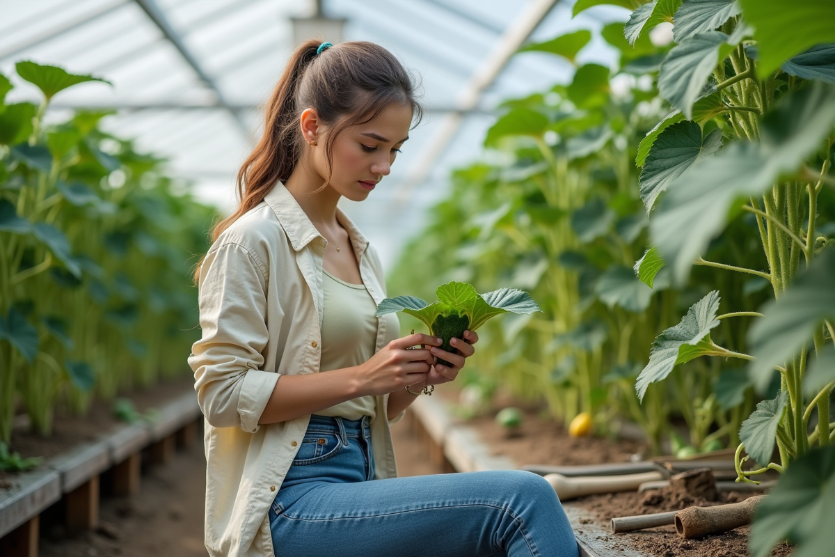 Jeune femme dans une serre examine une feuille de concombre de près