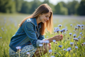 Jeune femme dans un champ de fleurs bleues ensoleille