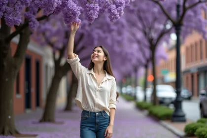 Jeune femme touchant des fleurs de jacaranda en ville