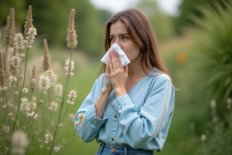 Jeune femme dans un jardin avec fleurs et ragweed