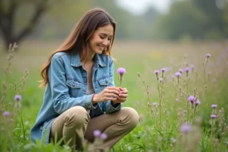 Jeune femme dans une prairie examine une violette