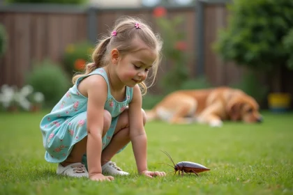 Jeune fille dans le jardin observe un cafard