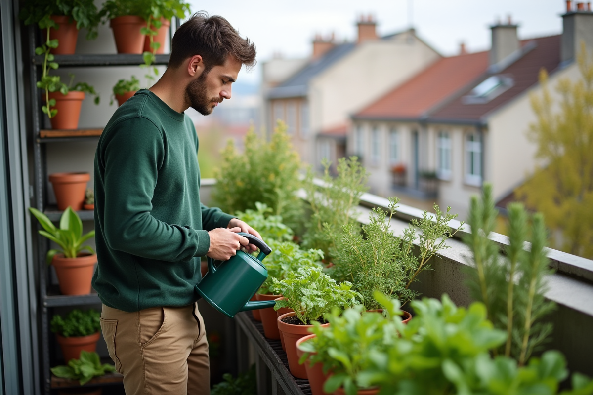 Jeune homme arrosant ses plantes sur un balcon urbain